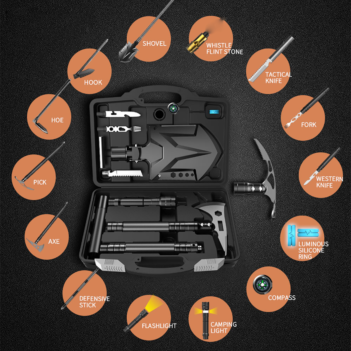 Multifunctional Folding Shovel Kit Outdoor Camping Survival Tool Sets Multitool Gear and Equipment for Hiking